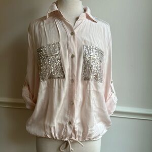 Made In Italy Sequins Pocket Rayon Blousey Top Pink OS EUC